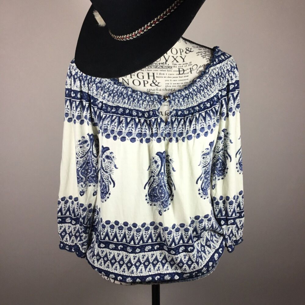 Lucky brand 100% cotton paisley blue and creamy white top hippie boho bohemian S